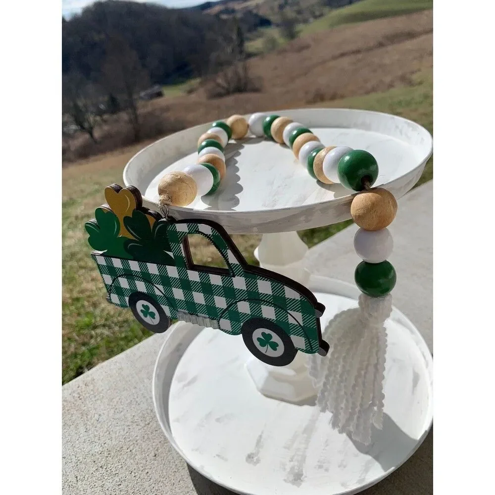 St Patrick’s Day Truck Tiered Tray Decor, St Patrick’s Day Beaded Garland Truck